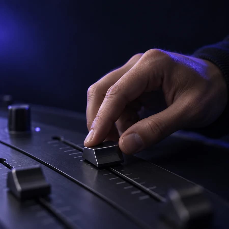 A hand precisely adjusting an audio control fader