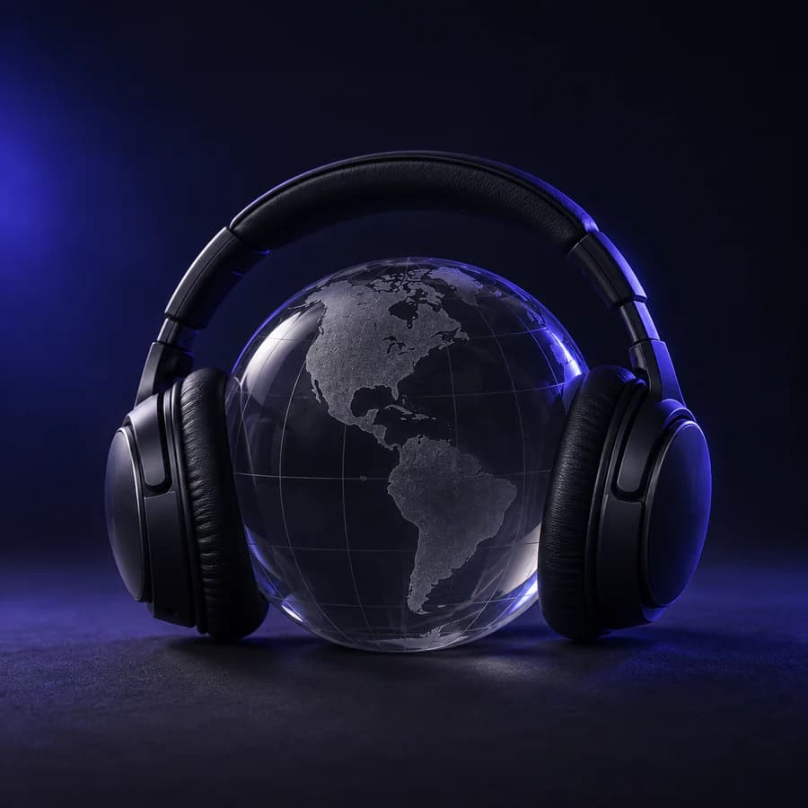 Headphones surrounding a connected glass globe