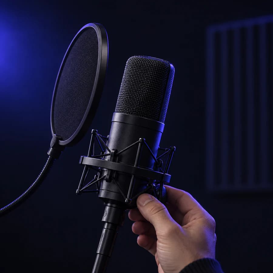 A studio microphone being adjusted before recording