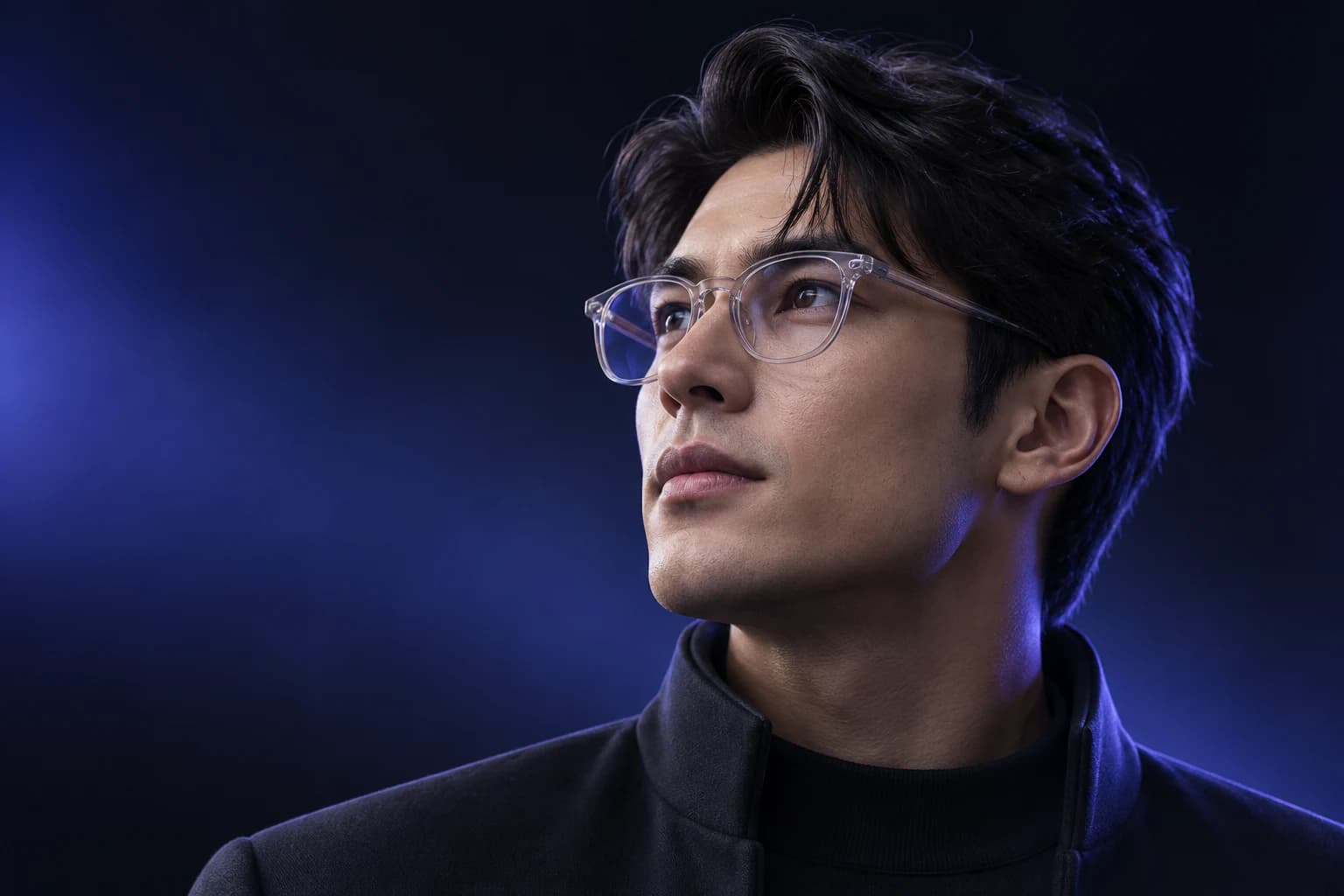 A man wearing clear glasses looking upward in indigo light
