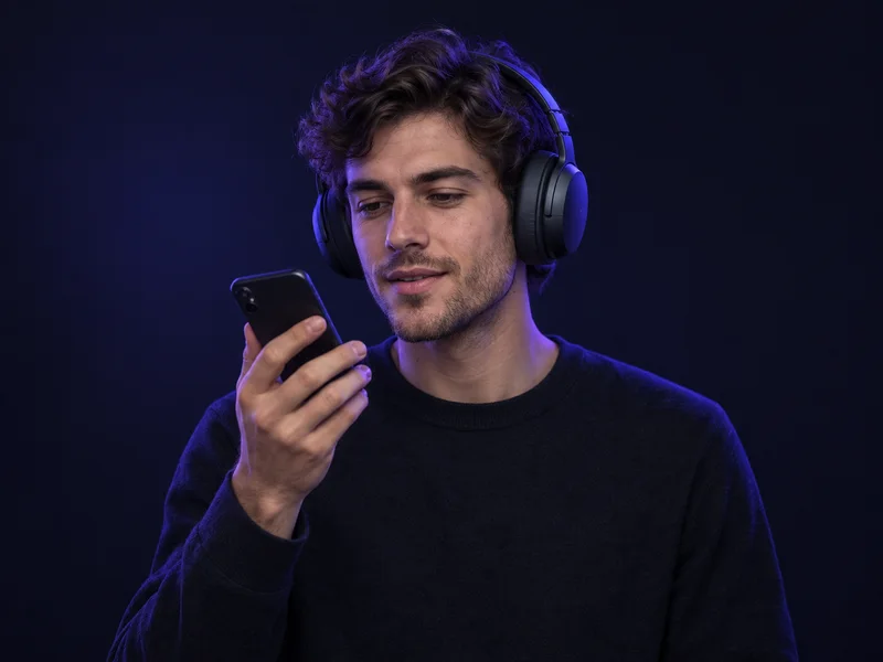 Man previewing audio on a phone with headphones